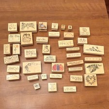 Mixed Lot Wood Rubber Mounted Craft Stamps Words Phrases Flowers Cats Angels