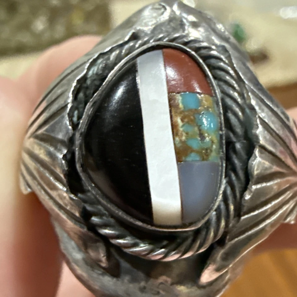 Prata esterlina vintage nativa americana turquesa e coral 22,17 gramas tamanho 11 - Imagem 2 de 4