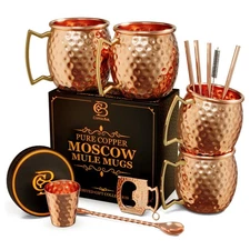 Moscow Mule Copper Mugs - Unique HANDCREFTED Gift Set of 4, Hammered by Artis...