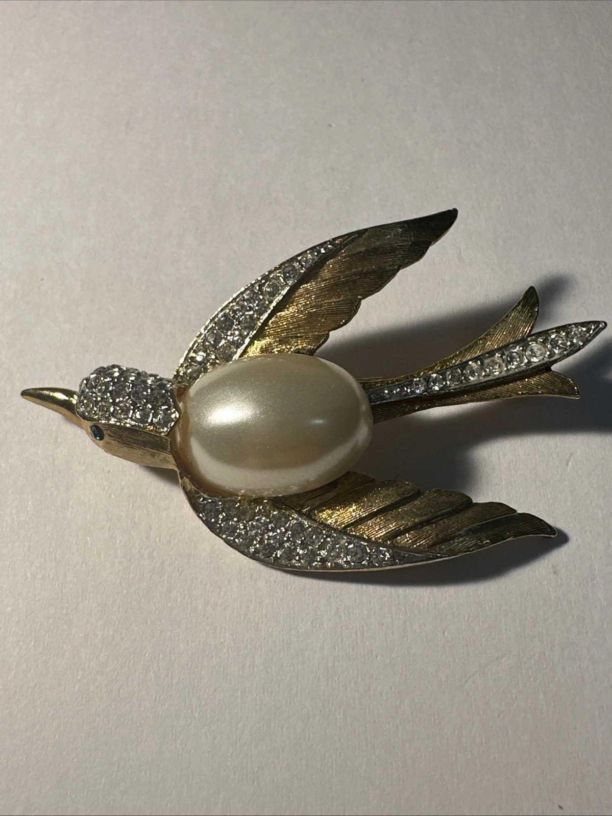 Broche Oiseau Dorée Perle Et Strass Blanc Bijoux Fantaisie