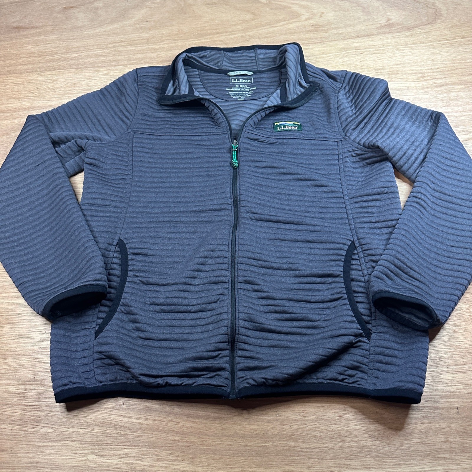 LL Bean Womens Medium Full Zip Ribbed Fleece Jacket Gray Lightweight