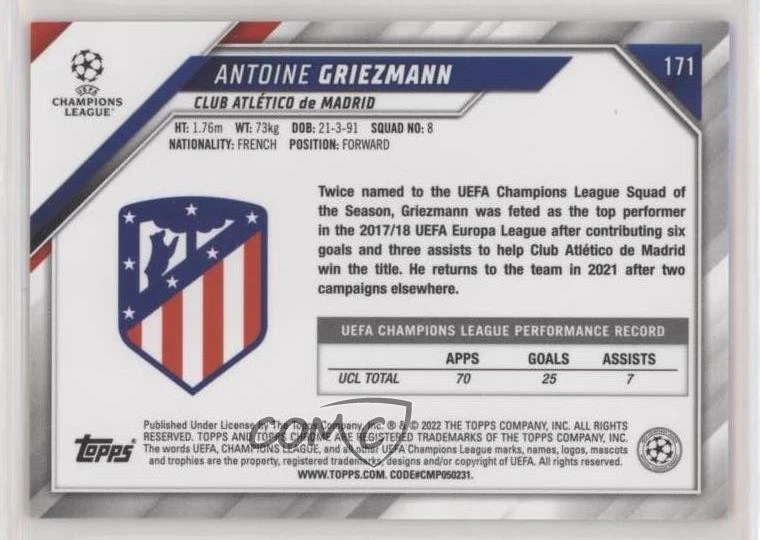 2021-22 Topps Chrome UCL Orange & Gold Starball Refractor Antoine Griezmann #171 - Image 2 of 2