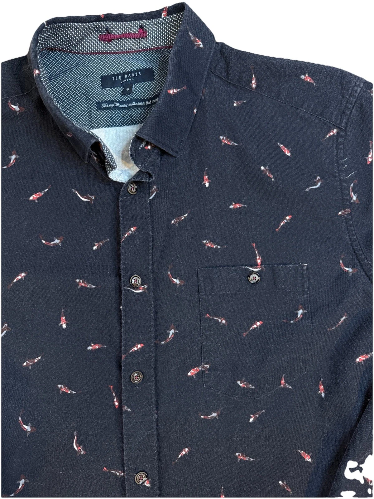 Ted Baker Mens Casual Shirt 6 XL Koi Fish Print Black Cotton Preppy Japan