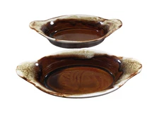 York Gourment Ware Au Gratin Oval Casserole Dish Brown Drip Glaze One Pair
