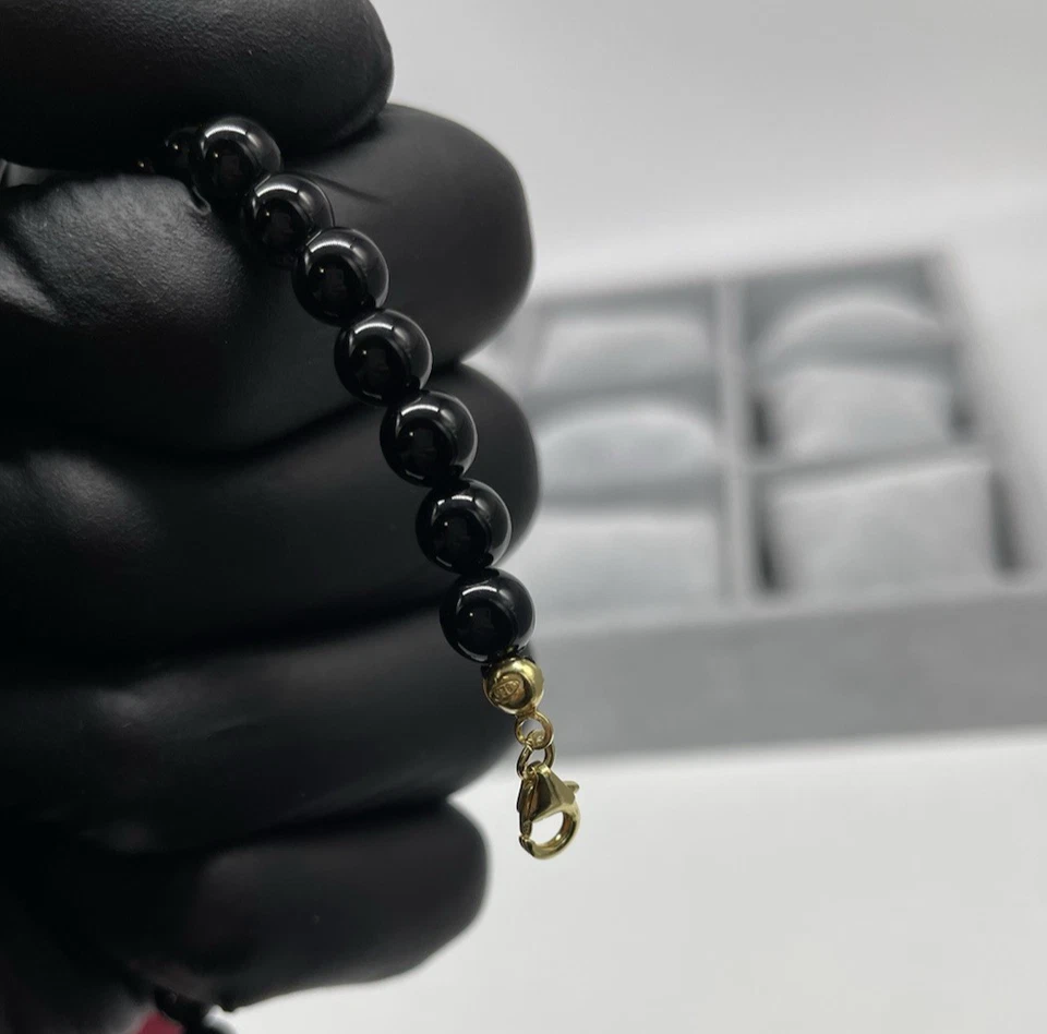 BRACCIALE DONNA PIETRE ROTONDE ONICE NERO LISCIO ARGENTO 925 DORATO MADE IN ITA - Immagine 2 di 4