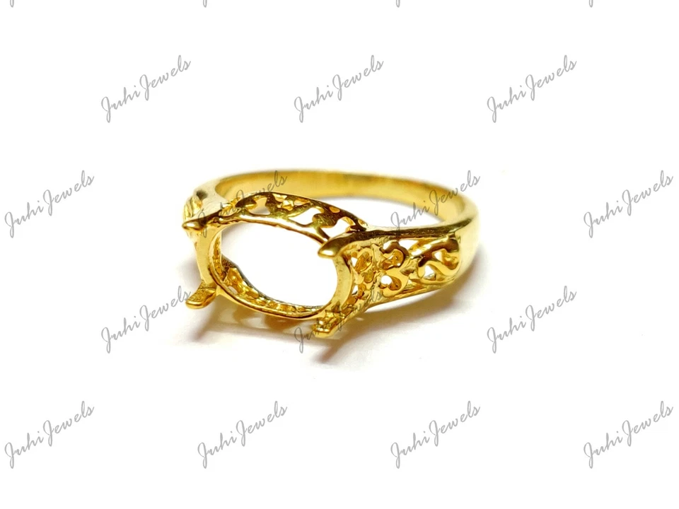 Gold 7x9 mm Oval Engagement Ring Gold Semi Mount Ring Gold Round Ring Setting - Image 3 of 4