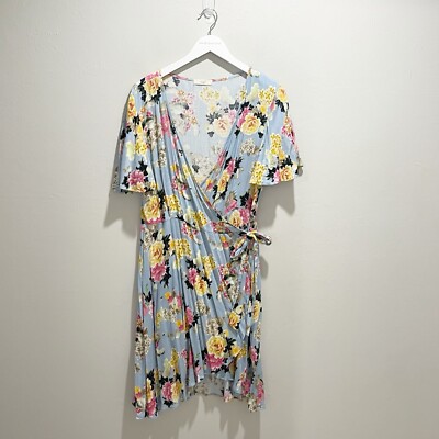 EASEL Women s Blue Multi Floral True Wrap Dress Short Flutter Sleeves Size L