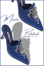  1495 New Manolo Blahnik VALENTA Slide Mules Satin Jeweled Blue Evening Shoes 39