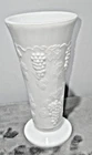 Vintage Tall White Milk Glass Pedestal Foot Vase Embossed Grapes Design 8" P1