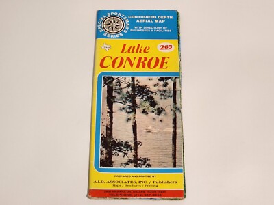 Vintage 1981 Lake Conroe Texas Contoured Depth Aerial Map W/ Business Adds