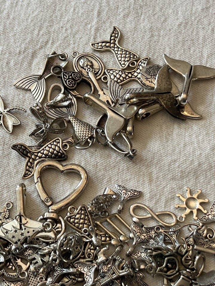 2 Lb Lot Of Jewelry Making Supplies Silver Charms Pendants Tassels