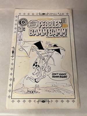 PEBBLES and BAMM BAMM #18 comic ART stat COVER 1974 PTERODACTYL FLINTSTONES