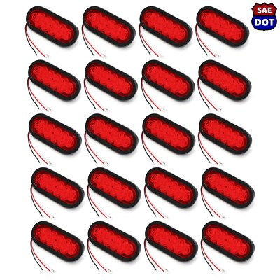 20 Red 6'' Oval Trailer Lights 10 LED Stop Turn Tail Truck Sealed w Grommet Plug