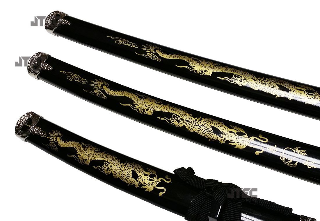 3pc SET 40" DRAGON Black KATANA Swords Carbon Steel w/ Stand