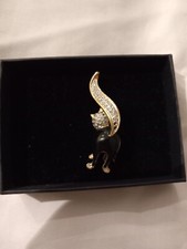Brooch cat design, black and diamonte with safety catch pin