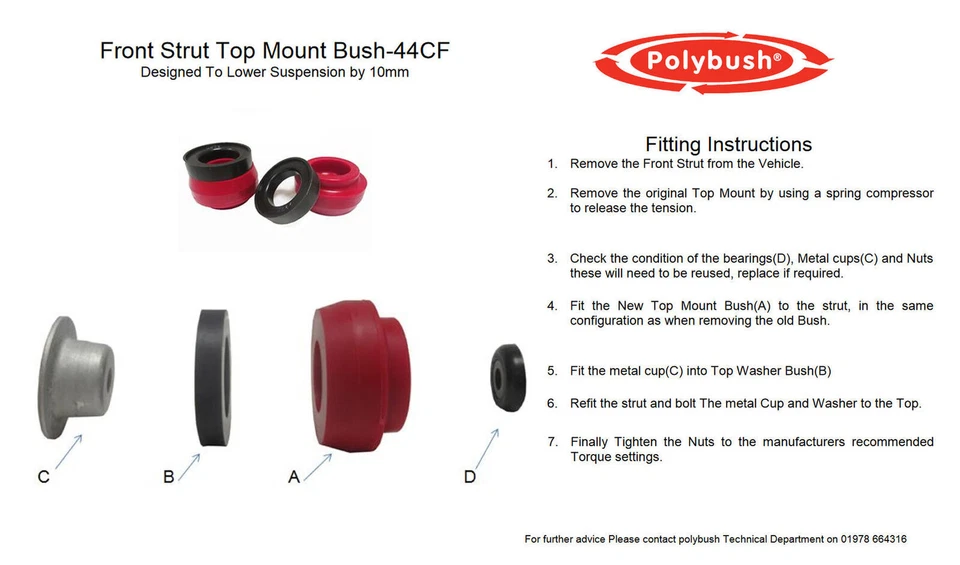 Polybush Front Strut Top Mounts -10mm +FREE BEARINGS for VW GOLF MK4 1J 1997-06 - Image 3 of 3