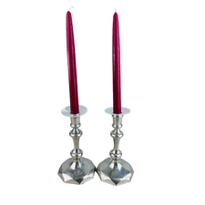 2 Vtg Stieff Williamsburg pewter Candle sticks CW 30 7.5" w glass wax catcher