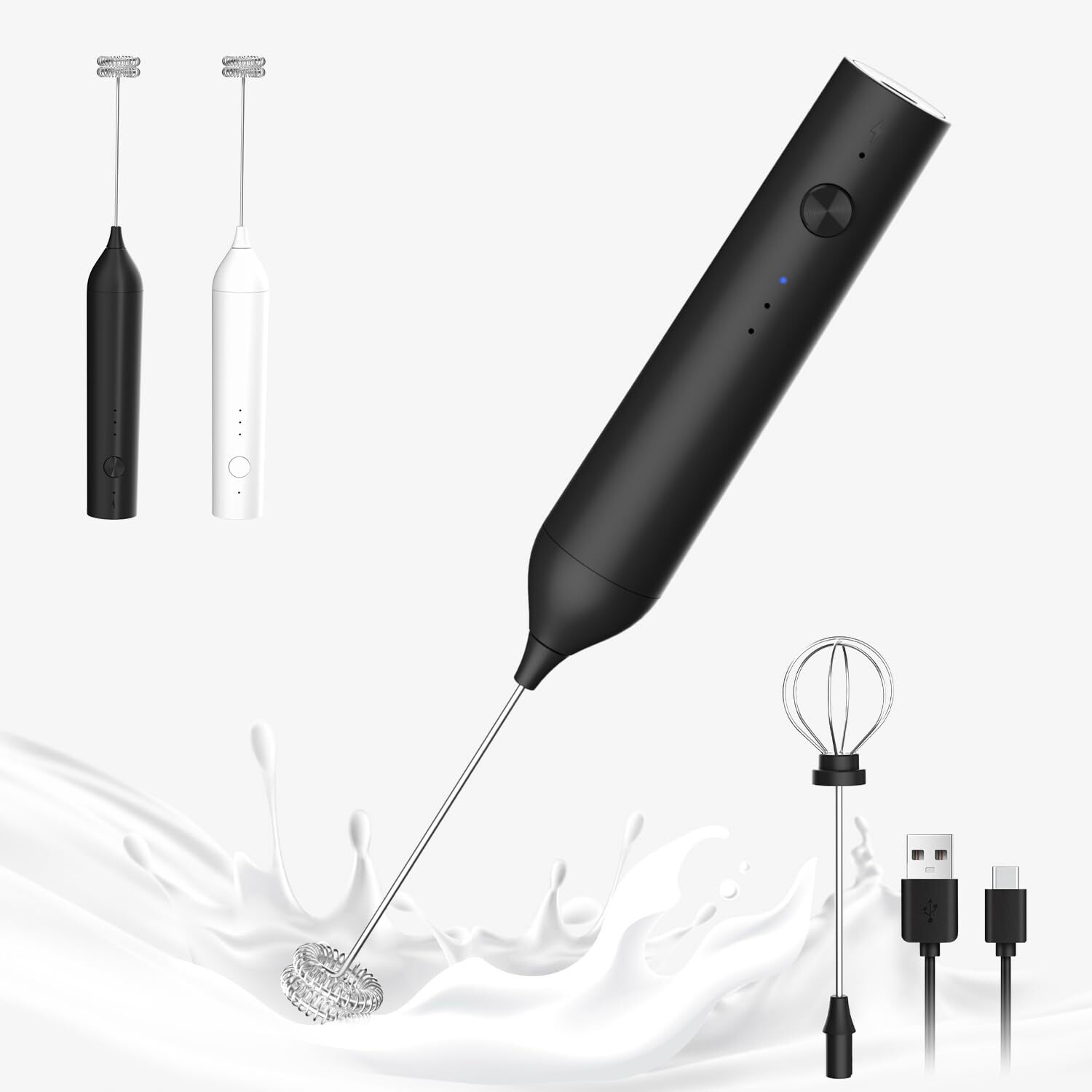 Powerful Electric Milk Frother Set, Rechargeable Drink Blender with Wand and ...