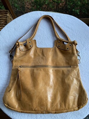 Genuine Leather Handbag Tote Shopper Shoulder Bag Whiskey Tan Silver Stud Zipper