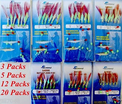 Sabiki Bait Rigs 6 Gold Hooks With Red Feather Size: 2, 4, 6, 8,10,12 &14 -486