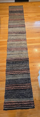Vtg. Hand Made Rag Rug (22'' x 11' 9'') 1930s Sweden Pink, Blue, Gray- LONG #9
