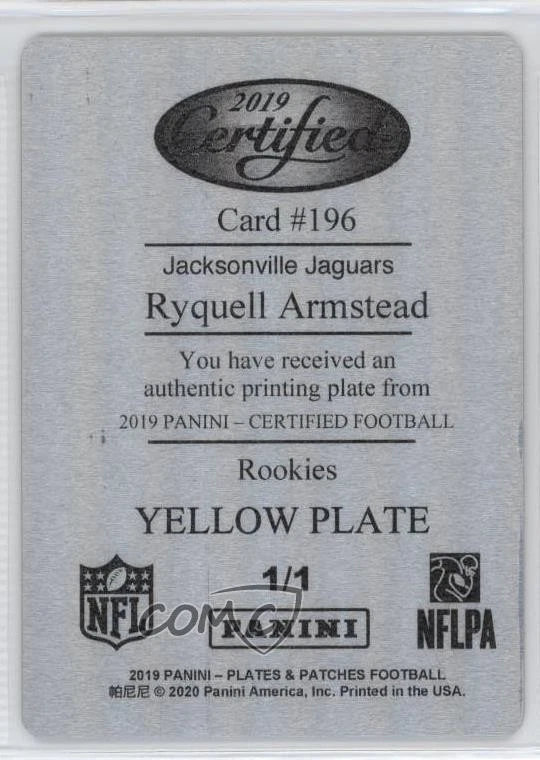 2019 Certified Rookies Printing Plate Yellow 1/1 Ryquell Armstead #196 Rookie RC - Image 2 of 2