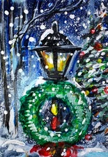 ACEO Original PAINTING Snow Winter Street Light Xmas Holiday Landscape ATC ART