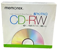 Memorex CD-RW Discs 5 Pack 12x 700MB 80min High Speed Rewritable Blank Media