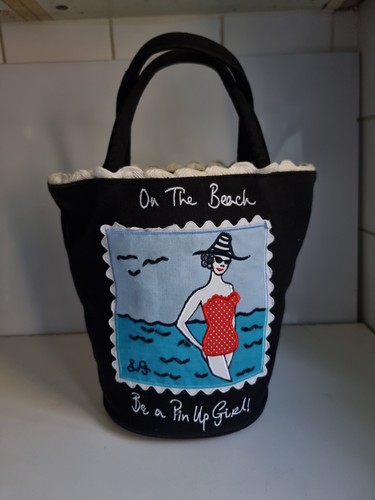 LULU GUINNESS DESIGNER WOMENS BLACK CANVAS ON THE BEACH TOTE TOP HANDLE HANDBAG