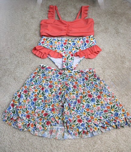 Shein Girls swim set; Size 7Y; coral top with floral bottoms + coverup skirt