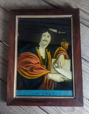 Antique 19th C Reverse Painting ''St. John'' in the Original Rosewood Frame