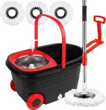 Spin Mop and Bucket with Wheels, 360° Stainless Steel Wringer, 3 Mop Heads