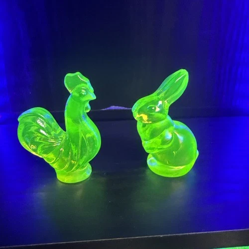 Fenton/Mosser**VASELINE TOPAZ CARNIVAL MINIATURE BUNNY & ROOSTER SET**
