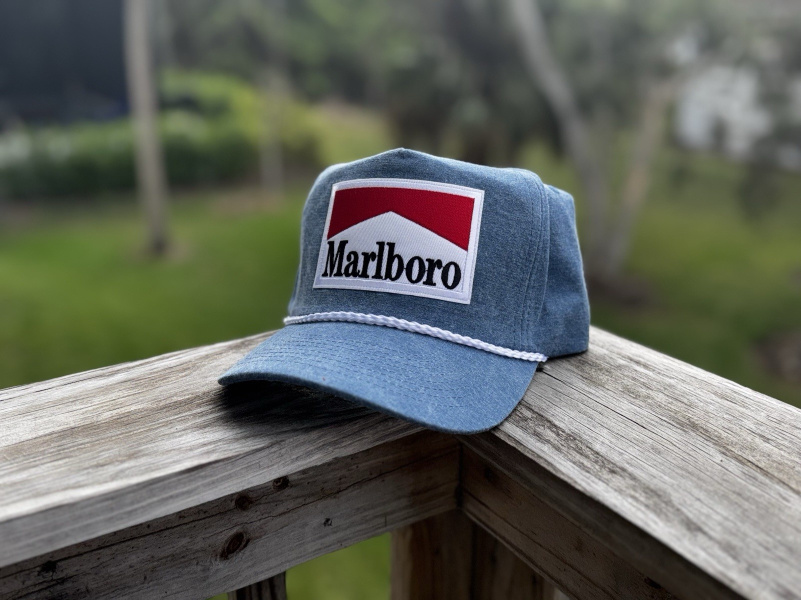 Handcrafted Marlboro Hat Denim Color With White Rope SnapBack