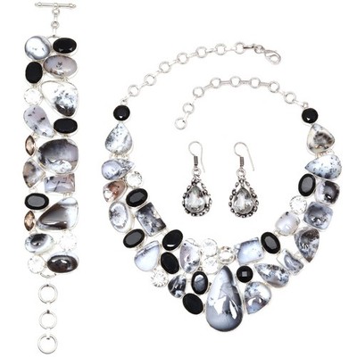 Dendritic Opal Black Spinal Jewelry Necklace Set 16-18''