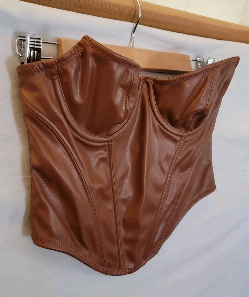 Womens Brown Faux Leather Corset Sz M 28in Overbust Bustier Kitty Fairy Festival - Image 3 of 4
