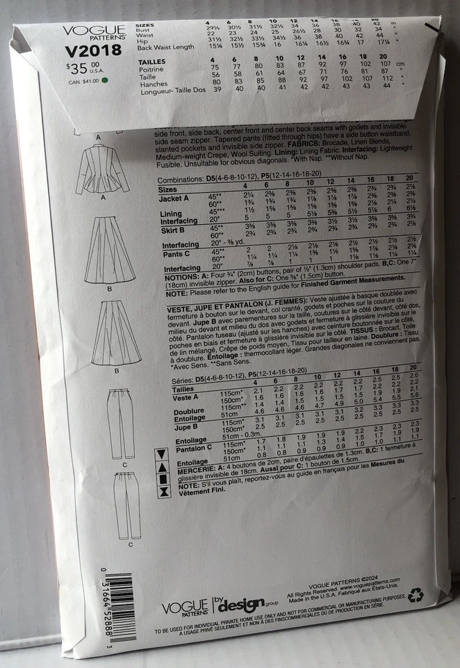 Vogue 2018 Jacket Skirt Pants Suit Designer Style Sewing Pattern MissesSize12-20 - Image 2 of 2