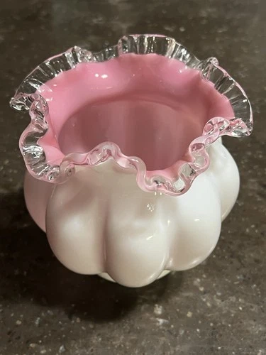 Fenton Vintage Milk Glass White and Pink Vase with Clear Ruffled Edge