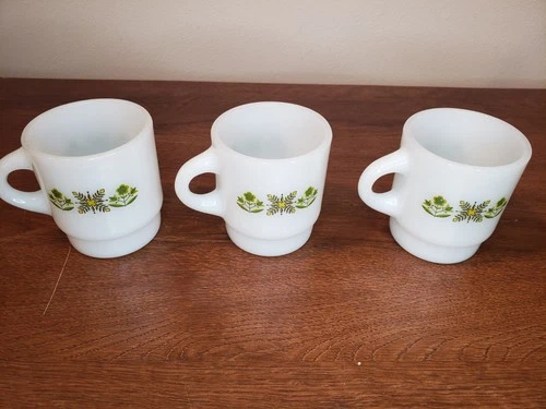 Vintage Anchor Hocking Fire King Stacking Mugs Cups Green Meadow Set of 3