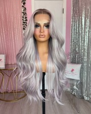 Long Wavy Ombre Silver Gray Wigs for Women 100 Human Hair Lace Front Wigs