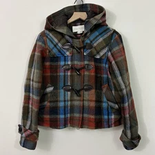 Veronica Beard Virgin Wool Hooded Plaid Duffel Jacket Womens Size 12