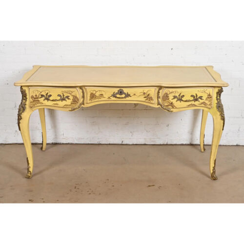 Karges French Louis XV Chinoiserie Cream Lacquered Leather Top Bureau Plat Desk - Picture 3 of 11