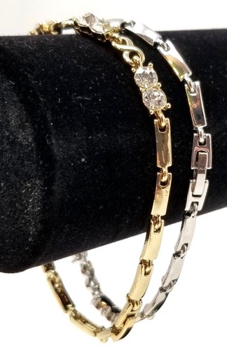 Bracelets 2 Gold tone and Silver Tone Links with Clear Rhinestones with Box - Picture 3 of 12