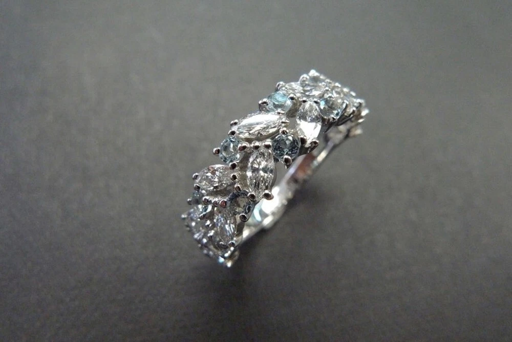 0.38 CT Vrai Diamant Rond Mariage Bande 950 Platine Aigue Marine