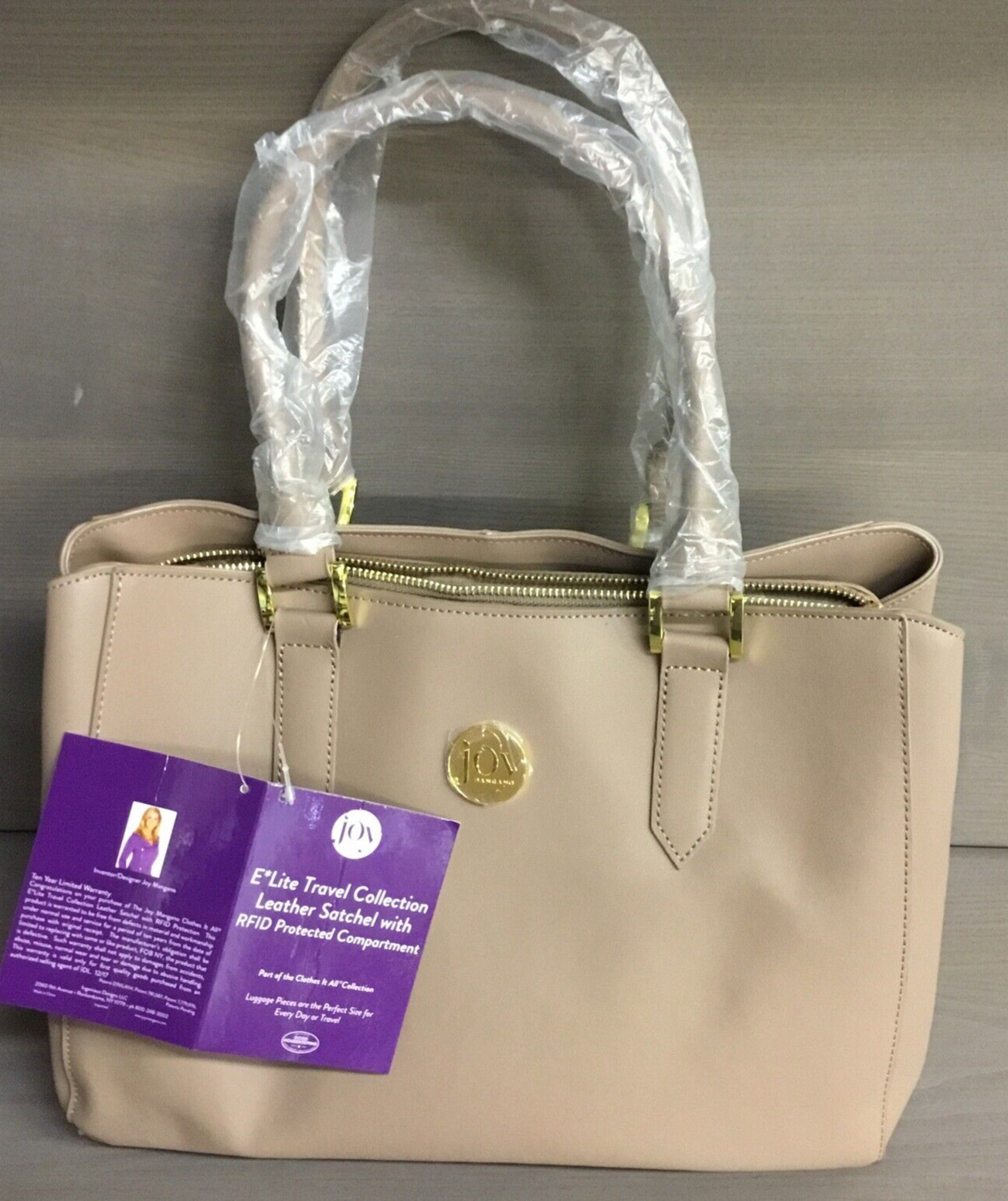 JOY Mangano Elite Couture Genuine Leather Satchel with Rfid, Beige