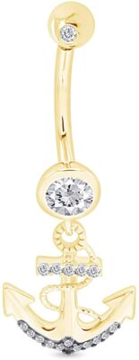 Simulated Diamond Anchor Dock Belly Button Navel Ring 14K Yellow Gold Plated