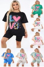 Women’s Two-Piece Ladies Love Print Cropped Shirt Mini Shorts Co-Ord Set UK