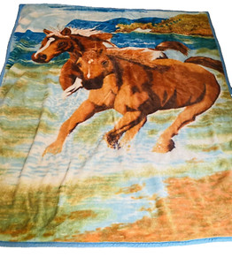 Vintage San Marcos Large Blanket Horses One Side Roses Other - Queen Size