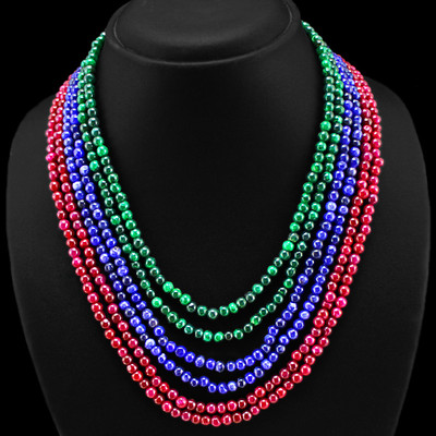 ABSOLUTELY BEST 422.00 CTS EARTH MINED RUBY, EMERALD & SAPPHIRE BEADS NECKLACE