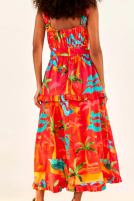 Farm Rio Tropical Dress Midi Red Multi Fit and Flare Straps Ruffled S  NWT$235 | eBay